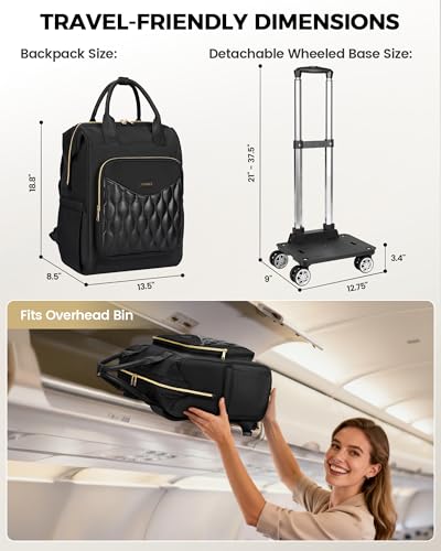 Ytonet Rolling Backpack for Women, 15.6 In Rolling Travel Backpack with 4 Spinner Wheels, Carry On Rolling Laptop Bag with Detachable Trolley, Stylish Wheeled Backpack for College Business Work, Black - color: Black