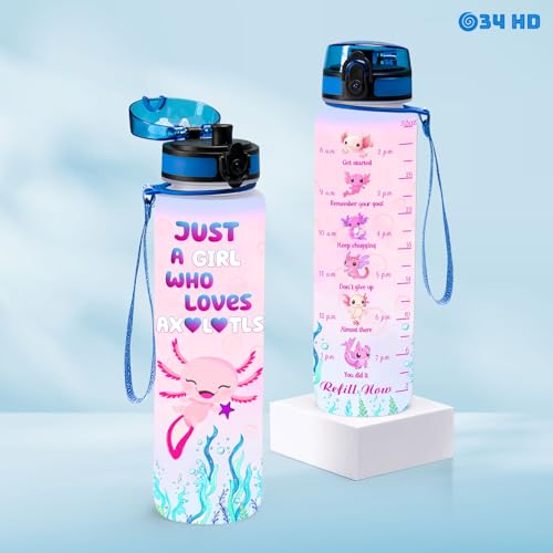 34HD Axolotl Gifts for Girls, 32 oz Water Bottle with Times to Drink, Motivational Tritan Frosted Water Bottle with Strap, Perfect Valentine Day or Birthday Present for Him Her - color: Axolotl Lovers