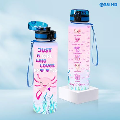34HD Axolotl Gifts for Girls, 32 oz Water Bottle with Times to Drink, Motivational Tritan Frosted Water Bottle with Strap, Perfect Valentine Day or Birthday Present for Him Her - color: Axolotl Lovers