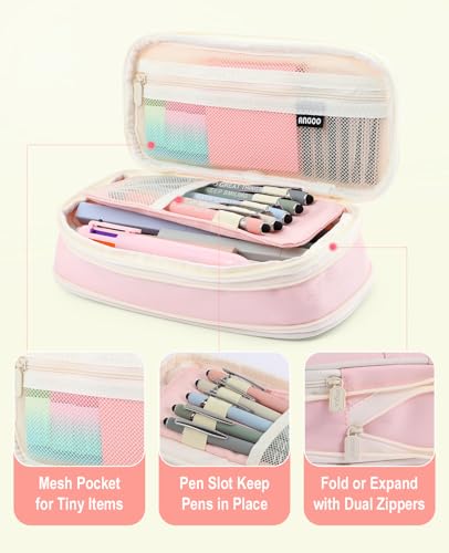 56 PCS Aesthetic School Supplies with Large Pencil Case, 5 Inspirational Ballpoint Pens, 12 Pastel Highlighters, 5 Black Ink Gel Pens, 6 Mechanical Pencils 0.5-0.7mm College Student Essentials (Pink) - color: Pink