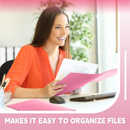Gueevin 100 Pack Plastic Folder with Pockets, 2 Pocket Folders, Plastic Glossy Folders Fit Letter Size Paper, Heavy Duty Durable File Folder with Business Card for Home Office School (Pink) - color: Pink