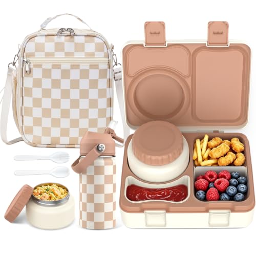 Bento Lunch Box for Kids Adult, Leakproof 3-4 Compartment Bento Box Set with Insulated Food Jar,Water Bottle, Lunch Bag, School Lunch Container for Toddler Teen Girls Boys Ages 3+(Plaid) - color: Checkerboard