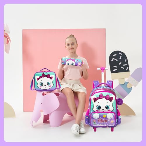 Meetbelify Rolling Backpack with Wheels for Girls Kids Cute Cat Rolling Backpack with Lunch Bag and Pencil Case Set Kids Travel Luggage for Elementary Girls Ages 5-12 - color: 01 Purple Cat