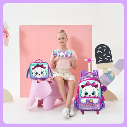 Meetbelify Rolling Backpack with Wheels for Girls Kids Cute Cat Rolling Backpack with Lunch Bag and Pencil Case Set Kids Travel Luggage for Elementary Girls Ages 5-12 - color: 01 Purple Cat