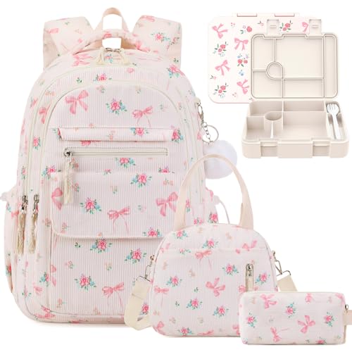 Bevalsa School Backpack for Girls, 4PCS Corduroy Kids Backpack Set with Bento Lunch Box, Insulated Bag, Pen Case & Utensils, 43oz Lunch Container School Bags for Children Teens Elementary Student - color: Bow Flower