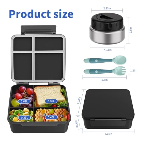 Bento Box for Kids with Thermo Food Container (9oz), 4-Compartment Lunch Box, Adjustable Divider, Leakproof Bento Lunch Box, Includes Utensils & Carry Bag for School, Office(Black) - color: Black