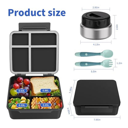 Bento Box for Kids with Thermo Food Container (9oz), 4-Compartment Lunch Box, Adjustable Divider, Leakproof Bento Lunch Box, Includes Utensils & Carry Bag for School, Office(Black) - color: Black