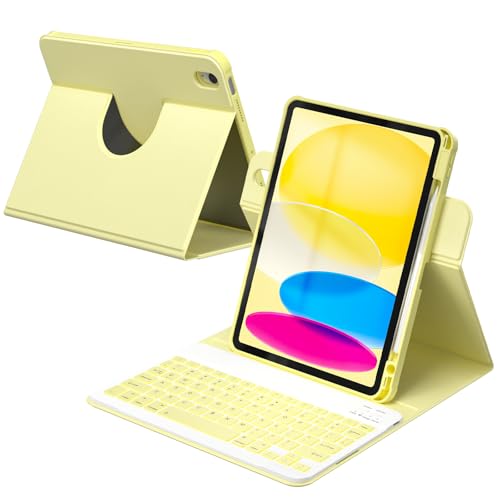 YBING for iPad A16 Case with Keyboard & iPad 10th Generation 10.9" 2022, 360 Rotation Magnetic Cover with 7-Color Backlit Wireless Detachable Keypad with Pencil Holder (Yellow) - color: Yellow