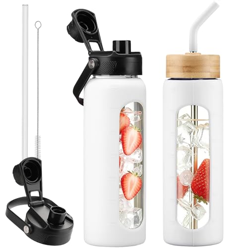 24 oz Glass Water Bottle with Straw – 2 Lids (Bamboo & Spout Lid), Motivational Borosilicate Glass Daily Water Intake Bottle with Time Marker, Silicone Sleeve for Gym Home Office-White - color: White, size: 24 Ounces