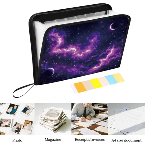 WEBEEDY Expanding File Folder with 13 Pockets, Labels and Zipper, Starry Night Sky Print Portable Paperwork Folder Accordion File Organizer for A4 Paper Document Receipt Travel Office, Back to School