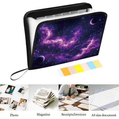 WEBEEDY Expanding File Folder with 13 Pockets, Labels and Zipper, Starry Night Sky Print Portable Paperwork Folder Accordion File Organizer for A4 Paper Document Receipt Travel Office, Back to School