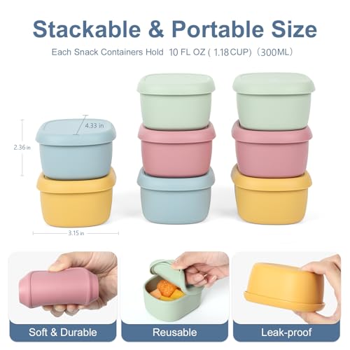 8 pcs 10 oz Silicone Snack Containers for Kids Small Food Containers with Lids, Fruit Container for Lunch, Stackable Lunch Container for Kids, Daycare, School and Travel - size: 10oz-8pcs