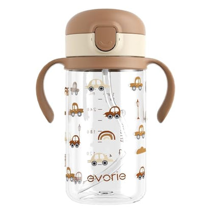 Evorie Tritan Spill Proof Straw Sippy Cups for Toddlers 1–3 Years, 10 Oz | BPA & BPS-Free, Toddler water bottle, Easy grip handles, Dishwasher safe, Durable Tritan, Easy to clean, Choco Car - color: Choco Car
