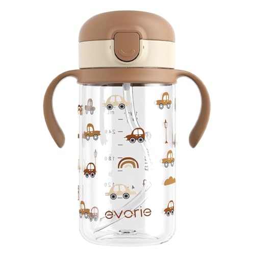 Evorie Tritan Spill Proof Straw Sippy Cups for Toddlers 1–3 Years, 10 Oz | BPA & BPS-Free, Toddler water bottle, Easy grip handles, Dishwasher safe, Durable Tritan, Easy to clean, Choco Car - color: Choco Car