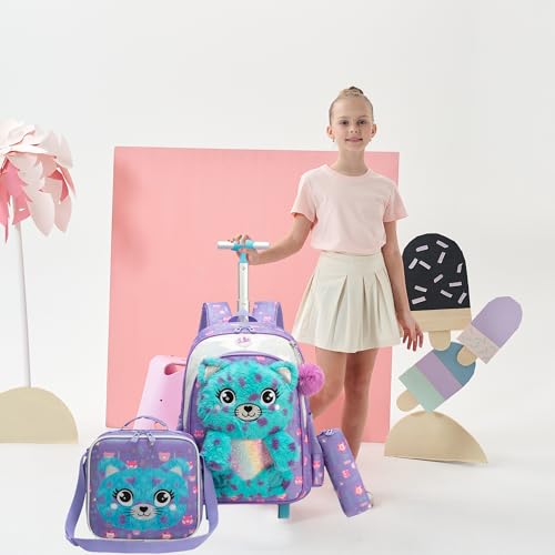 Meetbelify Rolling Backpack for Girls 3D Carton Backpack with Wheels for Elementary Student Kids Plush School Bag with Lunch Box Pencil Case for Girls Ages 6-8 Years Old - color: Blue