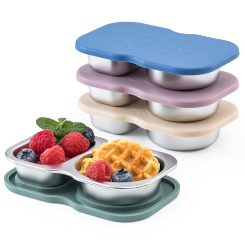 VITEVER 4 Pack Small Stainless Steel 2-Compartment Snack Containers with Lids, Reusable Snack Pack Containers, Lunch Box Accessories,Double Compartment Salad Dressing Containers to Go, 5.3oz - color: 4 Pack