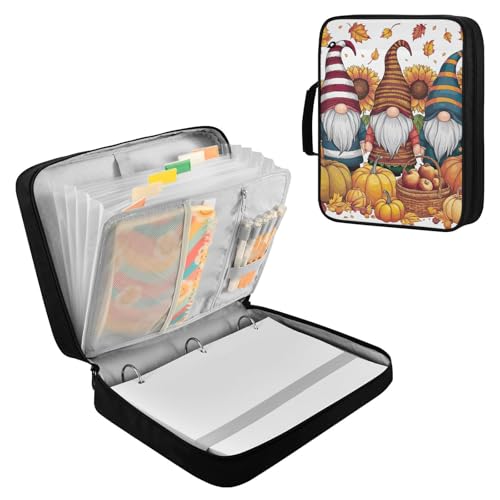 Heavy-Duty 3-Hole Ring System Binder Organizer Portfolio with 7-Slot Smart Filing Sleeve, Autumn Gnomes Pumpkins Portable Expanding File Folder with 5 Elastic Pen Slots