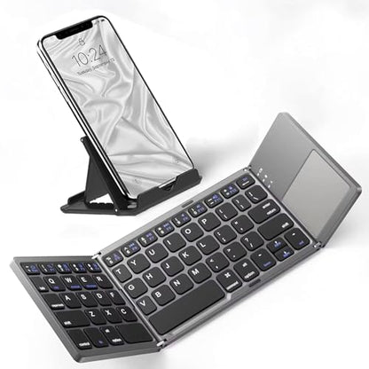 Slim Foldable Wireless Keyboard Compatible with OnePlus Open with TOUCHPAD Mouse Fully Universal Providing 48H Use, 560 Days Standby, Portable, Compact, Tri-Fold, Rechargeable!