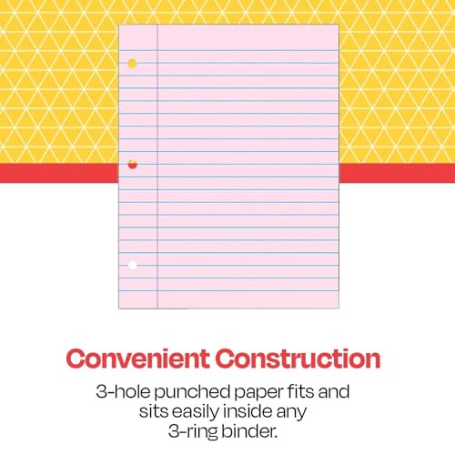 School Smart 3-Hole Punched Filler Paper, 8-1/2 x 11 Inches, Pink, 100 Sheets - 087155