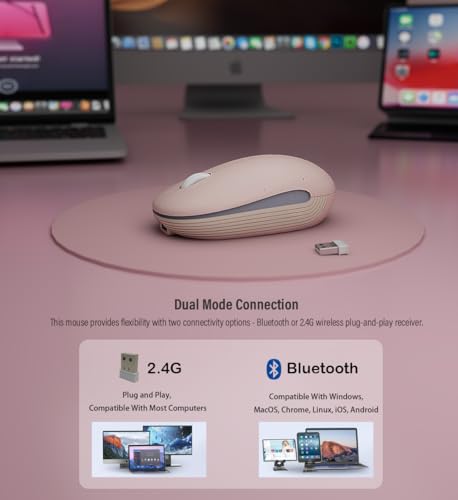 Wireless Mouse (Bluetooth+2.4G) Rechargeable Portable Silent Quiet Computer Mouse with 4000 DPI for Laptop/PC/Mac/MacBook/Chromebook/Surface Pro/iPad/Tablet Ambidextrous (Pink)