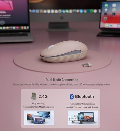 Wireless Mouse (Bluetooth+2.4G) Rechargeable Portable Silent Quiet Computer Mouse with 4000 DPI for Laptop/PC/Mac/MacBook/Chromebook/Surface Pro/iPad/Tablet Ambidextrous (Pink)