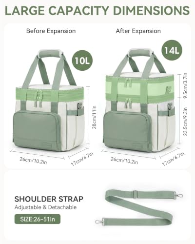 HOMESPON Double Layer Lunch Bag for Women Men, 14L Large Insulated Lunch Box with Shoulder Strap, Expandable Cooler Tote with Cup Holder for Work Office Picnic, Green - color: Green