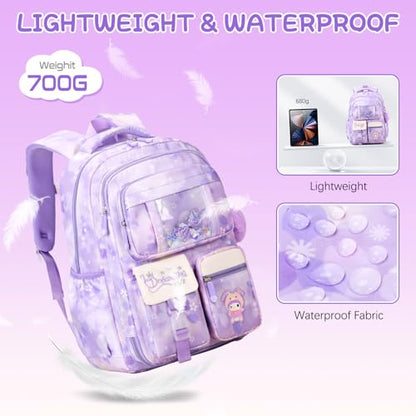 Jafeton Backpacks for Girls, Girls Backpack with Insulated Lunch Bag and Pencil Case for Kids Teens Elementary Middle High School Student, Cute Bow School Bag Travel Daypacks Book Bag Set - color: Purple