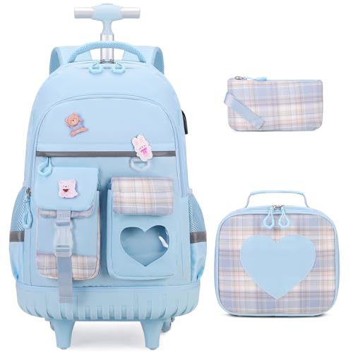 ACESAK Rolling Backpack for Girls - Roller Wheels School Bookbag with Lunch Bag & Pencil Pouch for Teen Girls Kids Wheeled Suitcase Backpacks, Elementary Middle School Travel Daypack (Blue) - color: Blue
