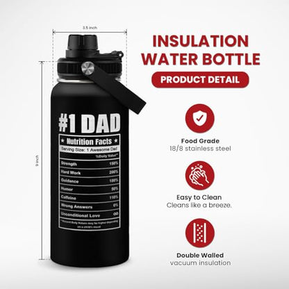 Best Dad Ever Water Bottle 32oz - Dad Bottle Stainless Steel Insulated Sports Bottles with Lid, Gifts for Father from Daughter Son, Dad Gifts for Birthday Christmas Fathers Day - color: Dad 1