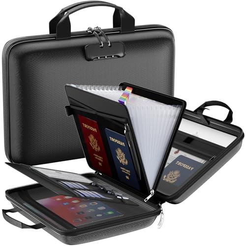 Fireproof File Organizer with Lock, Hard Case Fireproof Document Box with 13 Pockets Accordion File Folder, Important Document Organizer for Letter A4 Files Laptop Passports (Black) - color: Black, style: 13 Pockets, Transparent