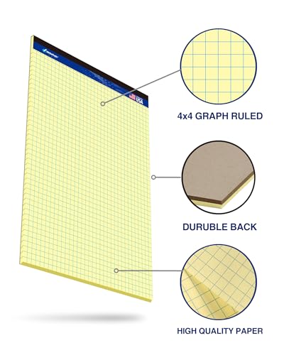 Graph Paper Pads 8.5 x 11, 4x4 Quad Ruled Graph Paper, 2 Pack, 50 Sheets Per Pad, Yellow Graphing Paper Notebook with Sturdy Back & Micro-Perforated Pages, Made in USA, for School, Math, Drafting & Office - color: Canary