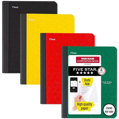 Five Star Composition Book + Study App, 4 Pack, Wide Ruled Paper, 7-1/2" x 9-3/4", 80 Sheets, Forest Green, Tidewater Blue, Fire Red and Harvest Yellow (950033B-ECM) - size: 4 Pack, style: Wide Ruled