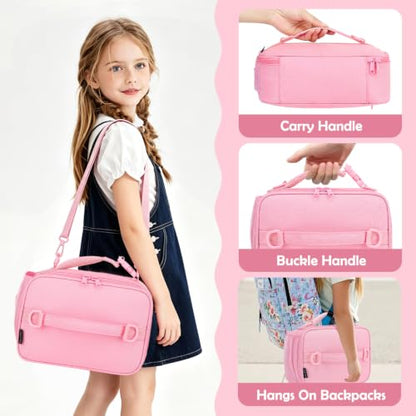 FlowFly Kids Lunch Bag, Durable Insulated School Lunch Box with Shoulder Strap and Bottle Holder, Water-resistant Thermal Small Lunch Cooler Tote for Teen Boys & Girls,Pink - color: Pink