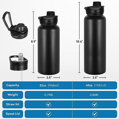 VEGOND 32 oz Insulated Water Bottle Bulk Stainless Steel Metal Water Bottles with Leak Proof Straw Lid & Spout Lid, Wide Mouth Double Walled Vacuum Travel Sports Bottle, Black 4 Pack - color: Black, size: 32oz-4 Pack