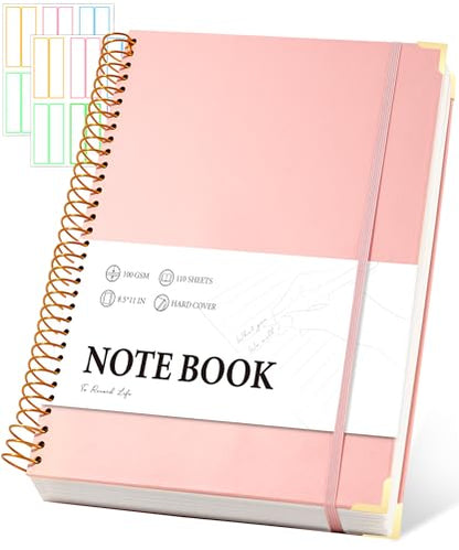 Pink Spiral Notebook College Ruled 8.5 X 11 with Stickers, Hardcover | 220 Pages, A4 Large Note Book for Work Note Taking School Office Women Men Writing - color: Pink