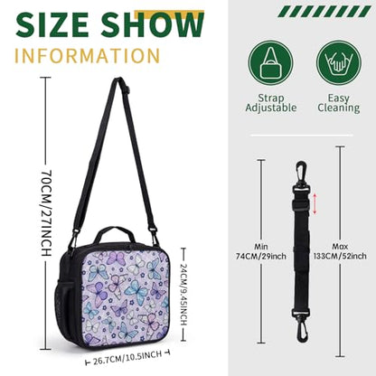 Purple Butterfly Lunch Box Colorful Butterflies Flowers Lunch Bag with Shoulder Strap for Kids Teens Durable Large Capacity Insulated Lunchbox Thermal Meal Bag for School Picnic - color: A-Purple Butterfly