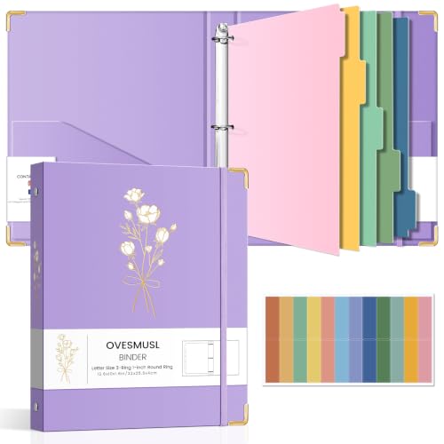 Aesthetic 3 Ring Binder 1 Inch Cute Three Round Rings Binders with Dividers Suitable for 8.5 x 11 Letter Size Paper Loose Leaf Binder with 2 Pockets for School Work - color: Purple