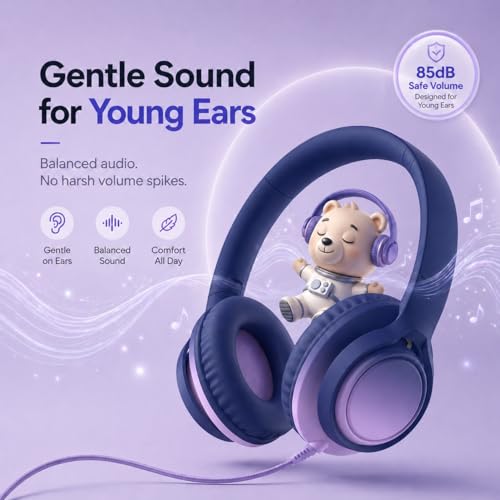 Kids Wired Over-Ear Headphones with Microphone, 3.5mm Jack with USB-C Adapter, Comfortable Headset for Online Learning, School, Tablet, Phone – Galaxy Gradient - color: Midnight Blue