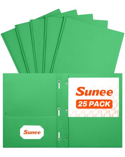SUNEE 2 Pocket Folders with Prongs (25 Pack, Green), Paper Folders with 2 Pockets and 3 Prongs Fit Letter Size Paper, Folders with Prongs for School Office Home Business - color: Green