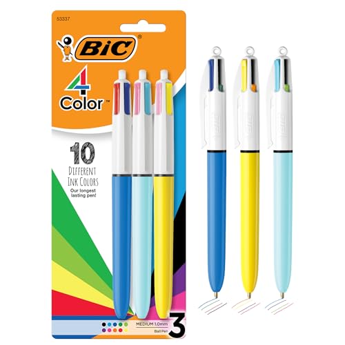 BIC 4-Color Retractable Ballpoint Pen, Long-Lasting Ink and Comfortable Wide Barrel, 3-Count Pack in Assorted Ink - color: Assorted Barrels, size: 1 Count (Pack of 3)