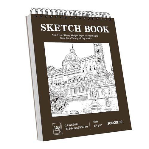 Soucolor 11"x14" Large Sketchbook,100 Sheets Thick Acid Free Sketch Pad | Spiral Bound Drawing Paper for Artists Students, Professional Art Supplies for Storyboard Urban Sketching Plein Air Painting - color: Brown, size: 11" x 14" (Pack of 1)