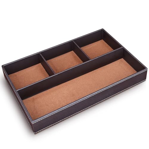 KINGFOM Pu Leather Desk Organizer Tray, 4 Compartment Office Storage Supplies Stationery Drawer Tray, Nightstand Bedside Tray for Key, Wallet, Watch, Coin, Phone Valet Tray Stackable - color: Brown