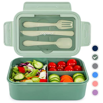 Caperci Classic Bento Box Adult Lunch Box for Older Kids - Leakpoof 47 oz 3-Compartment Lunch Containers for Adults and Teens, Built-in Utensil Set, Ideal for On-the-Go Balanced Eating,Khaki Green - color: Khaki Green
