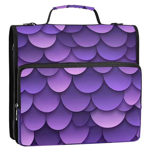 Purple Fish Scale Pattern Zipper Binder 3 Ring 1.5 Inch School Binder Organizer with Shoulder Strap Handle File Folder Pockets Large Capacity Students Girl Boy Men Office Work - color: Purple Fish Scale Pattern