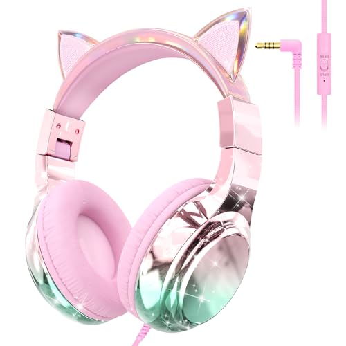 QearFun Cat Ear Kids Headphones with Cord, Wired Headset for Kids Girls Boys with Mic, 85/94dB Volume Limit, Foldable Over-Ear 3.5mm On-Ear Design, Sharing Port for School, Chromebook, Tablet, Travel - color: Cat Pink