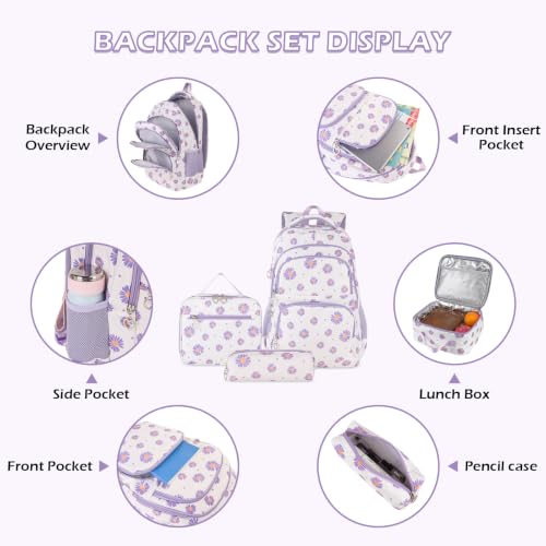 Glodwheat Daisy Printed Backpack For Girls- 3Pc Set With Lunch Box & Pencil Case, Lightweight Water-Resistant Bookbag For Elementary School - color: White