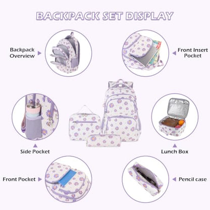 Glodwheat Daisy Printed Backpack For Girls- 3Pc Set With Lunch Box & Pencil Case, Lightweight Water-Resistant Bookbag For Elementary School - color: White