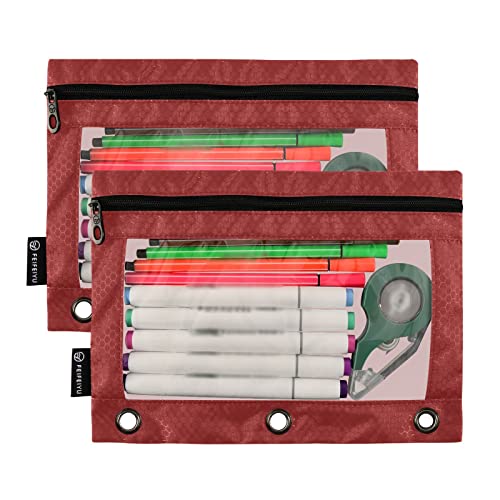 Binder Pouches,Fire Brick Pencil Pouch for 3 Ring Binder 2 Pack Clear Pencil Bag with Zipper for Office School Supplies - color: Fire Brick