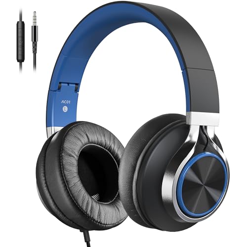 AC01 Over-Ear Headphones Wired, Passive Noise Isolating Corded Stereo Headsets with Mic Volume Control for Adults Teens 3.5mm for School, Chromebooks, Laptop, Tablets, Travel (Black Blue) - color: Black Blue