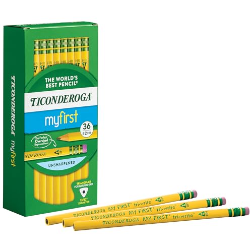 Ticonderoga My First Tri-Write Wood-Cased Pencils, Unsharpened, 2 HB Soft, With Erasers, Yellow, 36 Count